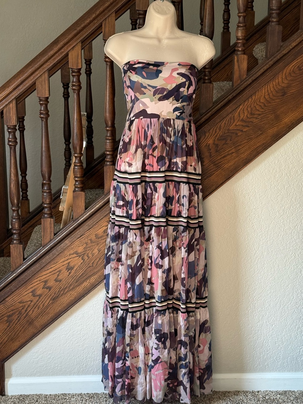 Fuzzi Strapless Convertible Mesh Maxi Dress Pink Camo Print Italy S